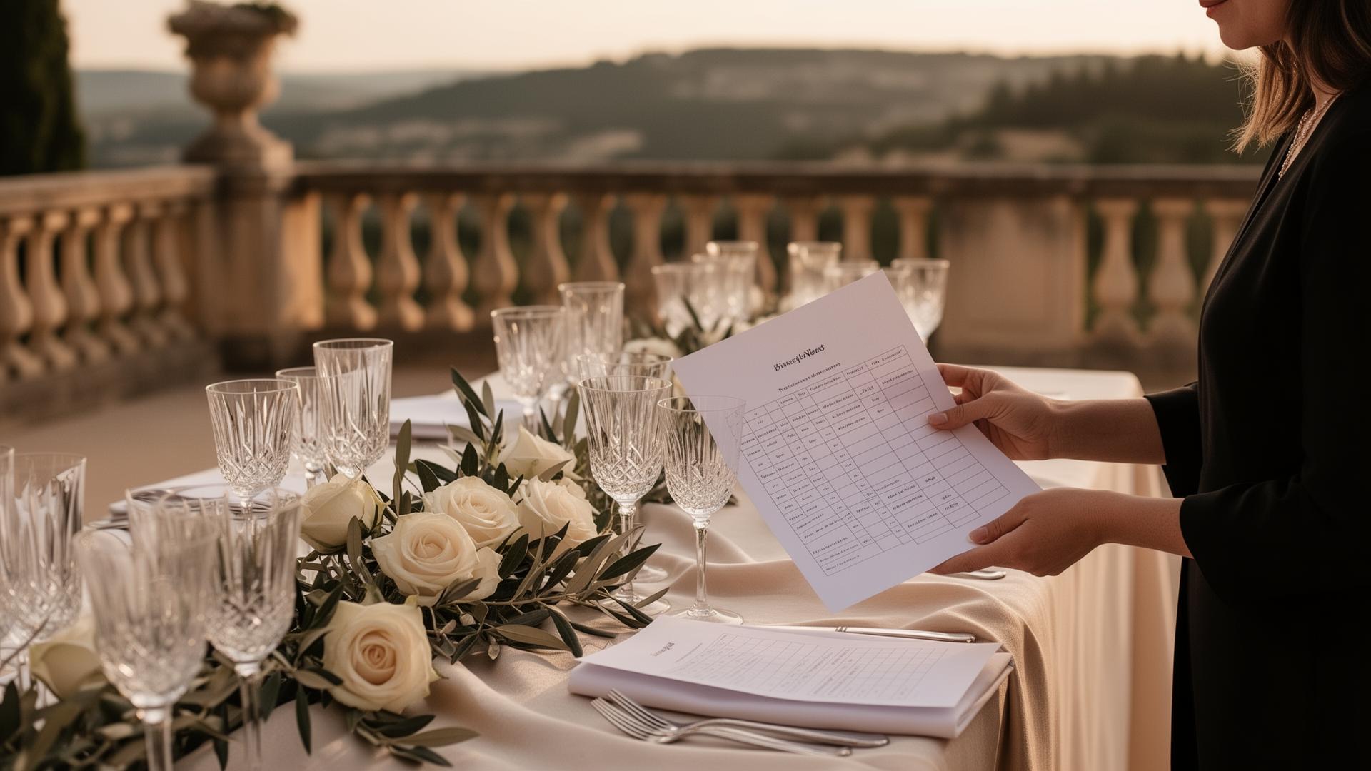 Wedding planner с таймингом роскошной свадьбы на террасе в Провансе на закате